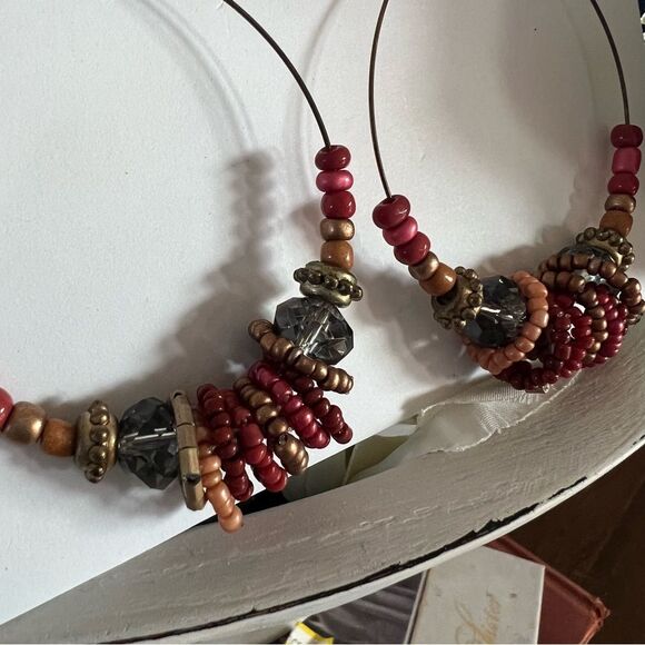 Beaded Boho Red Multicolored Resin Beaded Circle Hoop Colorful Pierced Earrings - Picture 3 of 7